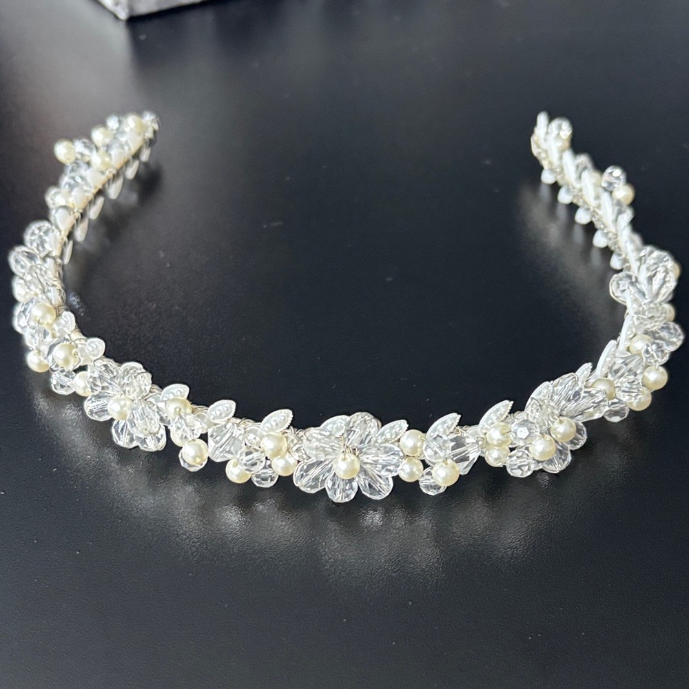HAIR PIECE- Silver Floral Headband with WHITE pearls & WHITE crystals